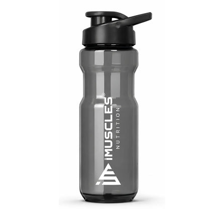 A product photograph of "Blue 1.1.jpg" featuring a bright blue, transparent iMuscles Nutrition shaker bottle with a matching blue flip-top lid. The design is sleek and functional, ideal for mixing supplements and maintaining hydration during workouts at the gym or during outdoor activities.