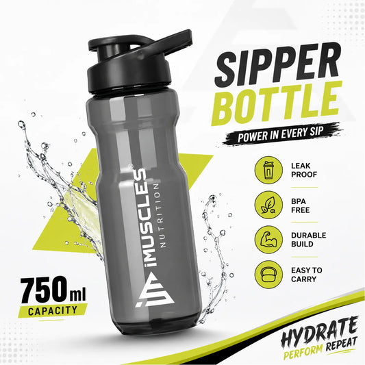A promotional advertisement for "Blue 1.2.jpg" showcasing a 750ml blue iMuscles Nutrition sipper bottle. The graphic emphasizes its key features: leak-proof, BPA-free, durable build, and easy to carry, positioning it as an essential tool for hydration, performance, and daily fitness routines.