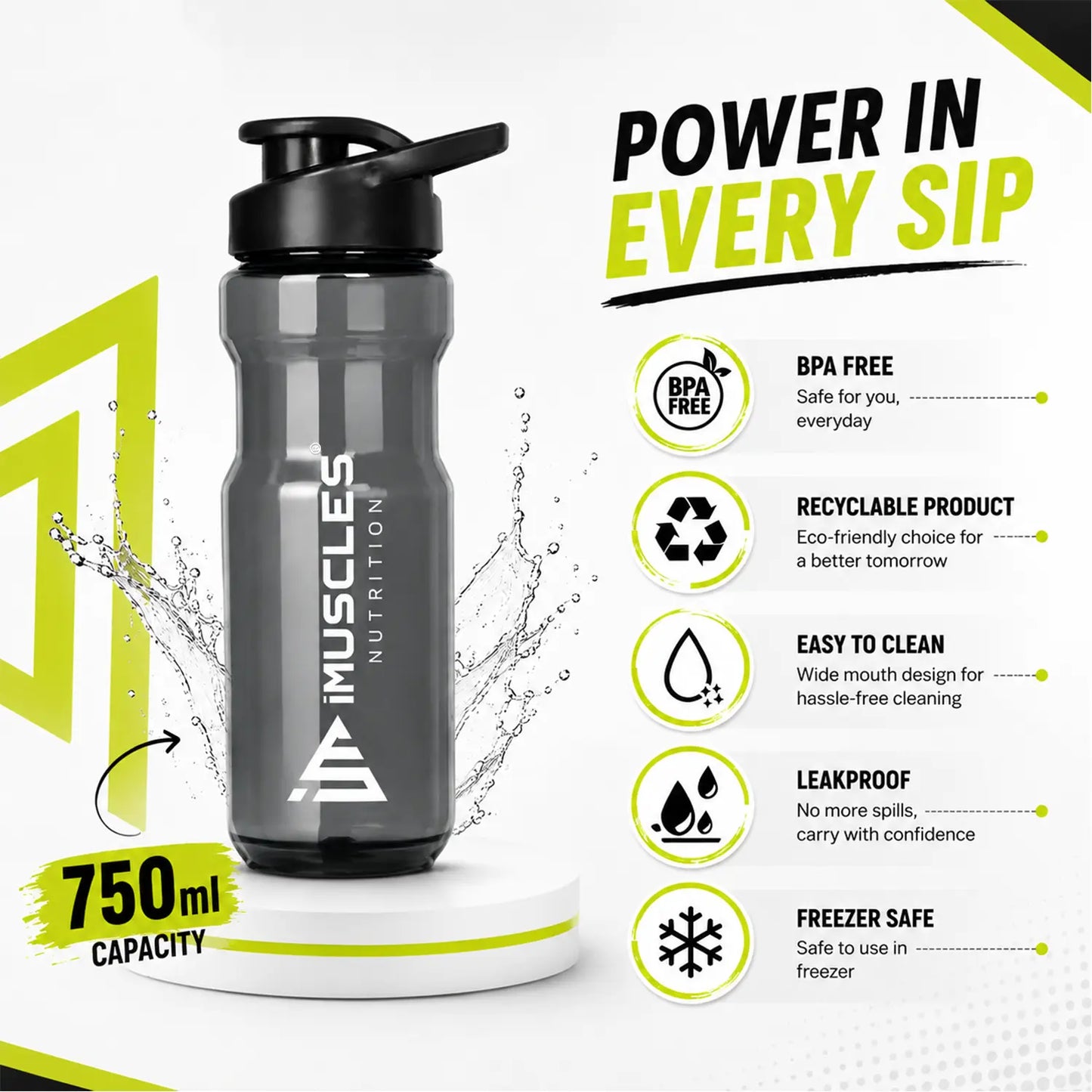 A promotional graphic for Blue 1.3.jpg showcasing a 750ml blue iMuscles Nutrition sipper bottle. The image highlights features including BPA free, recyclable, easy to clean wide mouth design, leakproof performance, and freezer safety, emphasizing the theme "Power in Every Sip" for daily fitness and hydration needs.