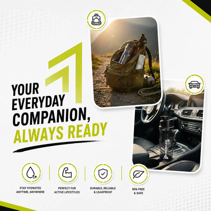 A promotional advertisement for "Blue 1.5.jpg" titled "Your Everyday Companion, Always Ready." It showcases the iMuscles Nutrition blue shaker bottle in a backpack and car cup holder, highlighting its benefits: stay hydrated anywhere, perfect for active lifestyles, durable, leakproof, and BPA-free for daily use.