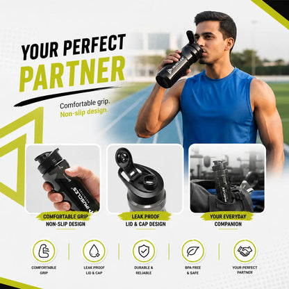 A promotional advertisement for "Blue 1.6.jpg" titled "Your Perfect Partner." It features an athlete drinking from an iMuscles Nutrition blue shaker bottle and highlights its key design elements: a comfortable, non-slip grip, a leak-proof lid and cap, and its reliability as an everyday companion for fitness and active lifestyles.