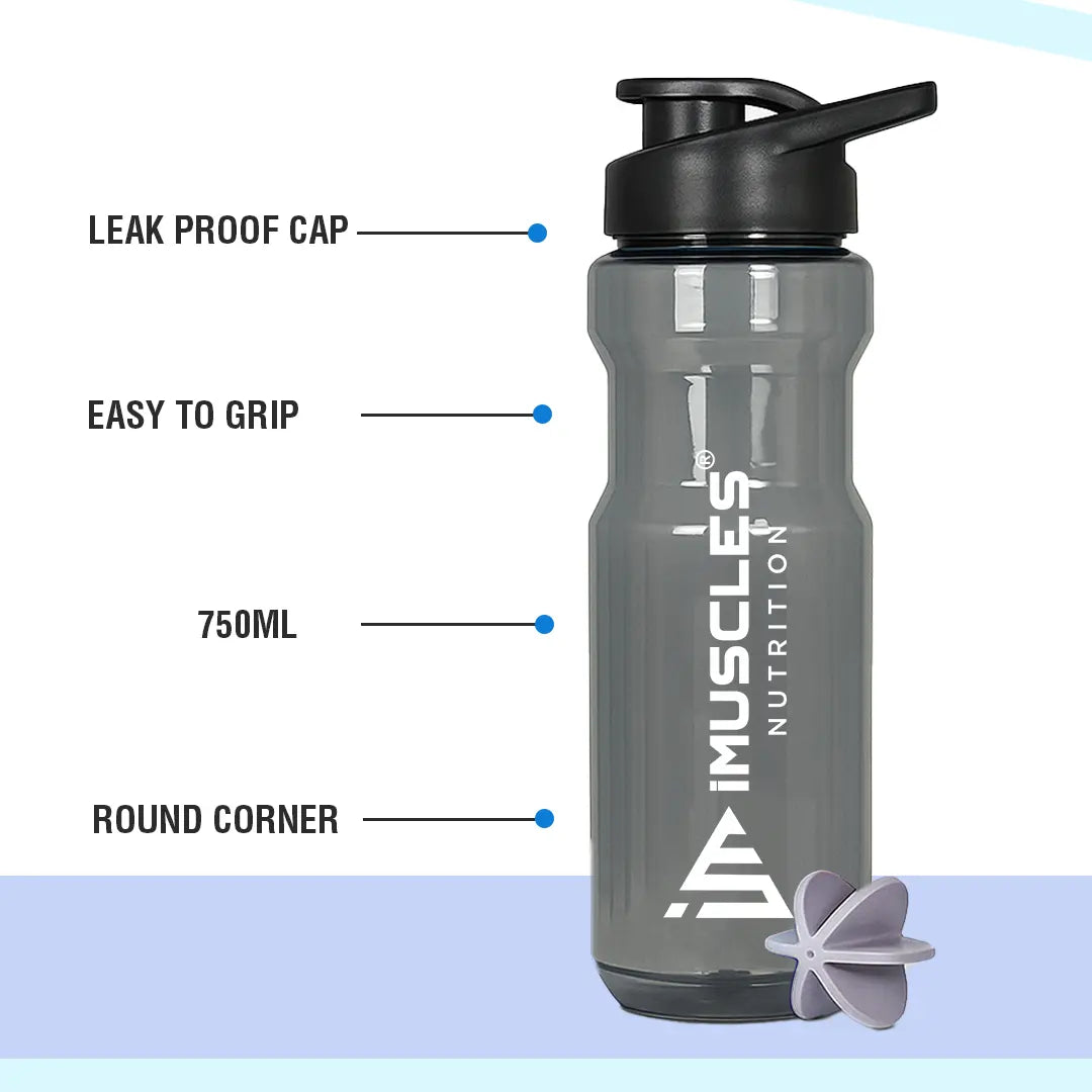 A promotional graphic for the iMuscles Nutrition water bottle, referenced as BLACK  4.jpg. The image features a sleek, dark gray translucent bottle with a black lid on the left. To the right of the bottle, five circular icons highlight its features: BPA Free, Recyclable Product, Easy to Clean, Leakproof, and Freezer Safe. The right side of the banner contains bold text that reads "DESIGNED FOR EVERYDAY USE."