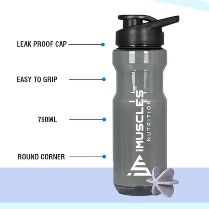 A promotional graphic for the iMuscles Nutrition water bottle, referenced as BLACK  4.jpg. The image features a sleek, dark gray translucent bottle with a black lid on the left. To the right of the bottle, five circular icons highlight its features: BPA Free, Recyclable Product, Easy to Clean, Leakproof, and Freezer Safe. The right side of the banner contains bold text that reads "DESIGNED FOR EVERYDAY USE."