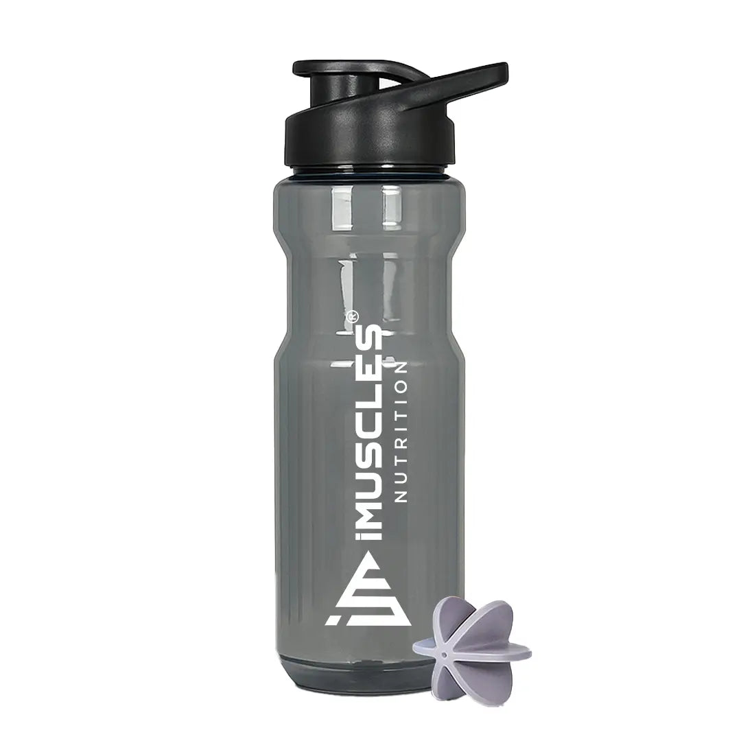 A promotional graphic for the iMuscles Nutrition water bottle, referenced as BLACK  4.jpg. The image features a sleek, dark gray translucent bottle with a black lid on the left. To the right of the bottle, five circular icons highlight its features: BPA Free, Recyclable Product, Easy to Clean, Leakproof, and Freezer Safe. The right side of the banner contains bold text that reads "DESIGNED FOR EVERYDAY USE."