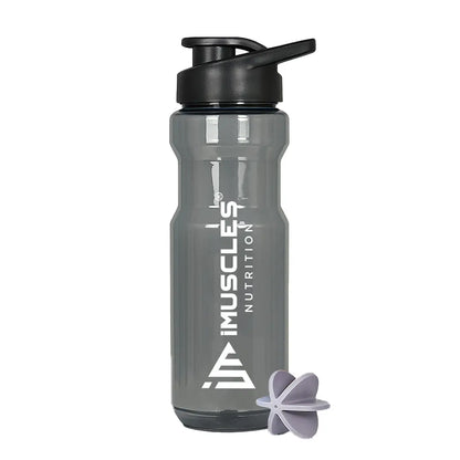 A promotional graphic for the iMuscles Nutrition water bottle, referenced as BLACK  4.jpg. The image features a sleek, dark gray translucent bottle with a black lid on the left. To the right of the bottle, five circular icons highlight its features: BPA Free, Recyclable Product, Easy to Clean, Leakproof, and Freezer Safe. The right side of the banner contains bold text that reads "DESIGNED FOR EVERYDAY USE."