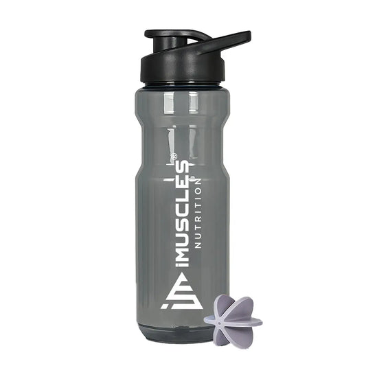 A promotional graphic for the iMuscles Nutrition water bottle, referenced as BLACK  4.jpg. The image features a sleek, dark gray translucent bottle with a black lid on the left. To the right of the bottle, five circular icons highlight its features: BPA Free, Recyclable Product, Easy to Clean, Leakproof, and Freezer Safe. The right side of the banner contains bold text that reads "DESIGNED FOR EVERYDAY USE."