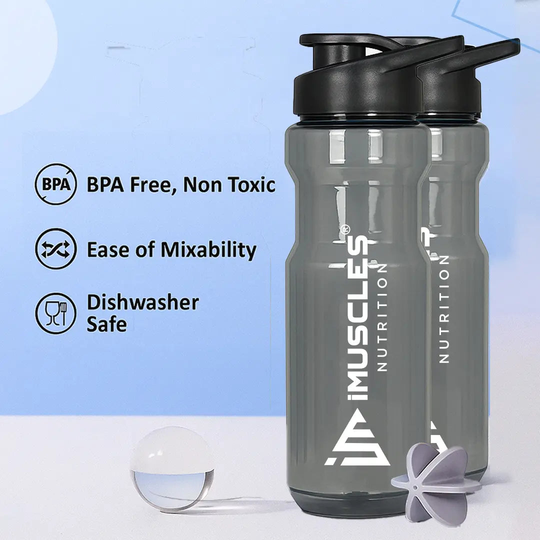 A promotional graphic for the iMuscles Nutrition water bottle, referenced as BLACK  4.jpg. The image features a sleek, dark gray translucent bottle with a black lid on the left. To the right of the bottle, five circular icons highlight its features: BPA Free, Recyclable Product, Easy to Clean, Leakproof, and Freezer Safe. The right side of the banner contains bold text that reads "DESIGNED FOR EVERYDAY USE."