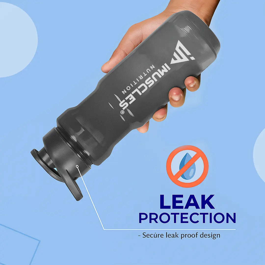 A promotional graphic for the iMuscles Nutrition water bottle, referenced as BLACK  4.jpg. The image features a sleek, dark gray translucent bottle with a black lid on the left. To the right of the bottle, five circular icons highlight its features: BPA Free, Recyclable Product, Easy to Clean, Leakproof, and Freezer Safe. The right side of the banner contains bold text that reads "DESIGNED FOR EVERYDAY USE."