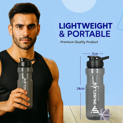 A promotional graphic for the iMuscles Nutrition water bottle, referenced as BLACK  4.jpg. The image features a sleek, dark gray translucent bottle with a black lid on the left. To the right of the bottle, five circular icons highlight its features: BPA Free, Recyclable Product, Easy to Clean, Leakproof, and Freezer Safe. The right side of the banner contains bold text that reads "DESIGNED FOR EVERYDAY USE."