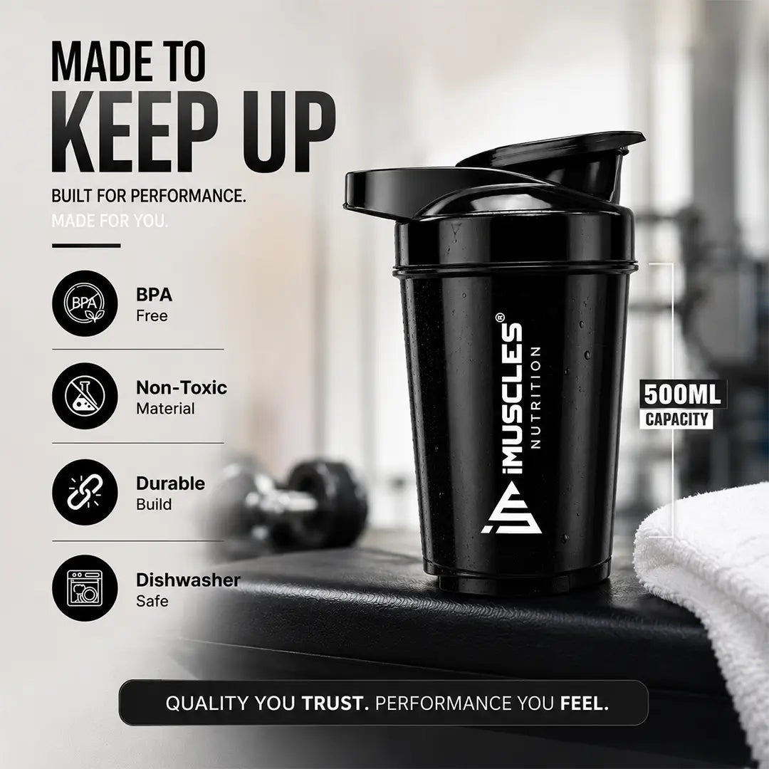 In "black 1.jpg", a 500ml iMuscles Nutrition shaker bottle is presented as a high-performance fitness accessory. The image highlights its durable build, non-toxic and BPA-free material, and dishwasher-safe convenience, emphasizing a reliable, premium product designed to support an active, health-conscious lifestyle during workouts and daily activities.
