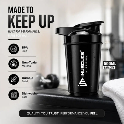 In "black 1.jpg", a 500ml iMuscles Nutrition shaker bottle is presented as a high-performance fitness accessory. The image highlights its durable build, non-toxic and BPA-free material, and dishwasher-safe convenience, emphasizing a reliable, premium product designed to support an active, health-conscious lifestyle during workouts and daily activities.