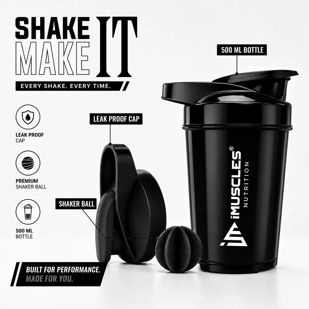 In "black 2.jpg", a black 500ml iMuscles Nutrition shaker bottle is displayed alongside its leak-proof cap and mixing ball. The design emphasizes performance and durability, featuring clean branding and highlighting the key components required for a smooth, lump-free protein shake in an professional, minimalist studio product shot.