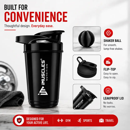 In "black 3.jpg", a black iMuscles Nutrition shaker bottle is showcased alongside close-ups of its shaker ball, flip-top lid, and leakproof design. The image highlights its convenience for gym, sports, and travel, emphasizing a durable, functional, and user-friendly design for active lifestyles in a professional, clean product presentation.