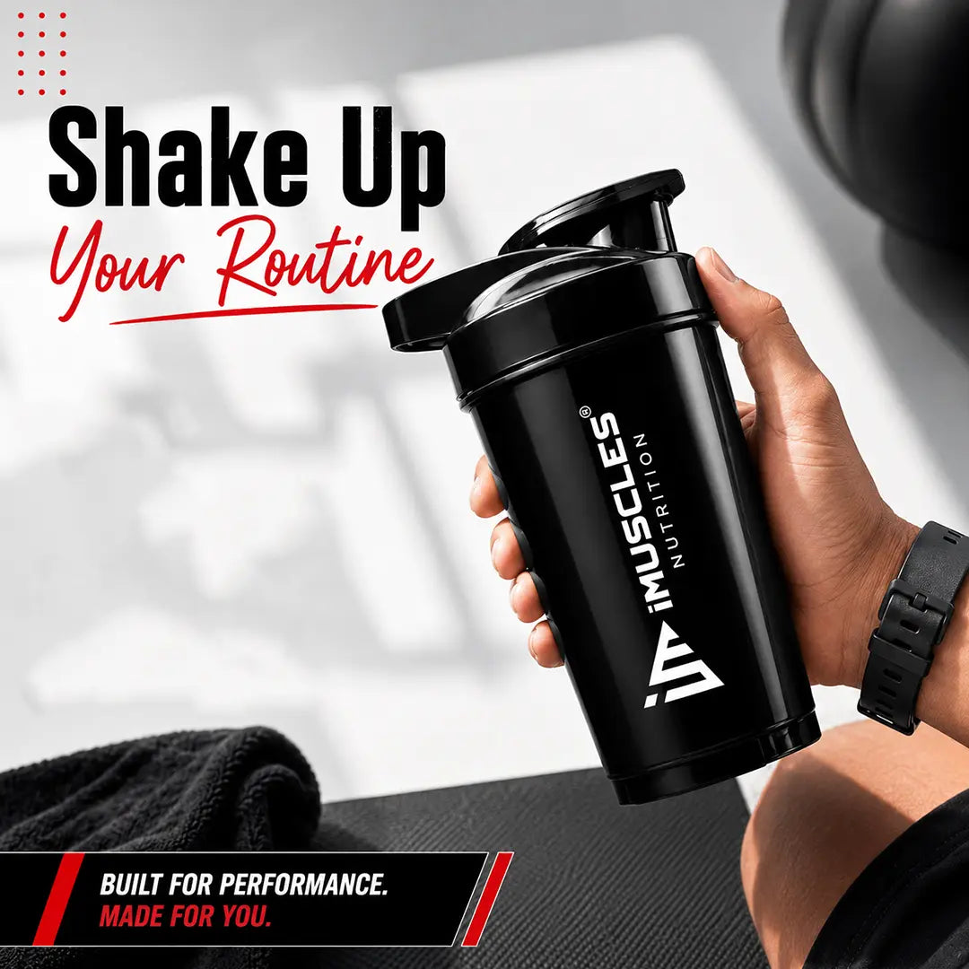 In "black 4.jpg", a hand holds a sleek black iMuscles Nutrition shaker bottle, promoting it as a tool to "Shake Up Your Routine." The image conveys a modern, energetic, and powerful branding theme, emphasizing its role as a premium, high-performance accessory designed for fitness and active lifestyle branding.