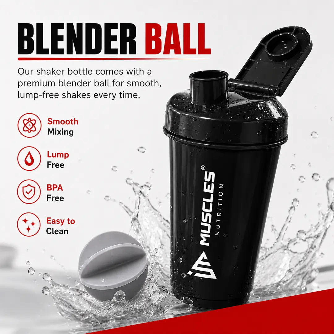 In "black 6.jpg", a black iMuscles Nutrition shaker bottle is displayed alongside a blender ball with a dynamic water splash effect. The image highlights the bottle's premium features, including smooth mixing, lump-free results, BPA-free material, and easy-to-clean design, showcasing a high-performance accessory for fitness enthusiasts.
