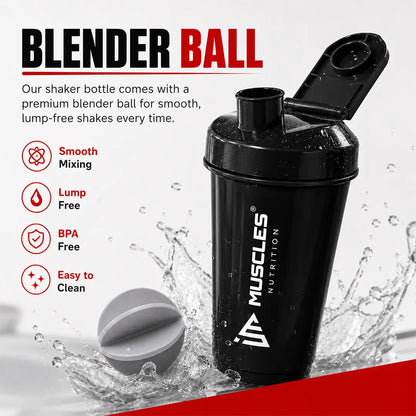 In "black 6.jpg", a black iMuscles Nutrition shaker bottle is displayed alongside a blender ball with a dynamic water splash effect. The image highlights the bottle's premium features, including smooth mixing, lump-free results, BPA-free material, and easy-to-clean design, showcasing a high-performance accessory for fitness enthusiasts.