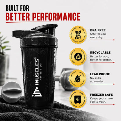 In "black 7.jpg", a black iMuscles Nutrition shaker bottle is displayed on a towel, highlighting its premium performance features. The image emphasizes key benefits, including BPA-free construction, recyclable materials, a leak-proof design, and freezer safety, presenting an essential, high-quality accessory for modern fitness enthusiasts and supplement users.