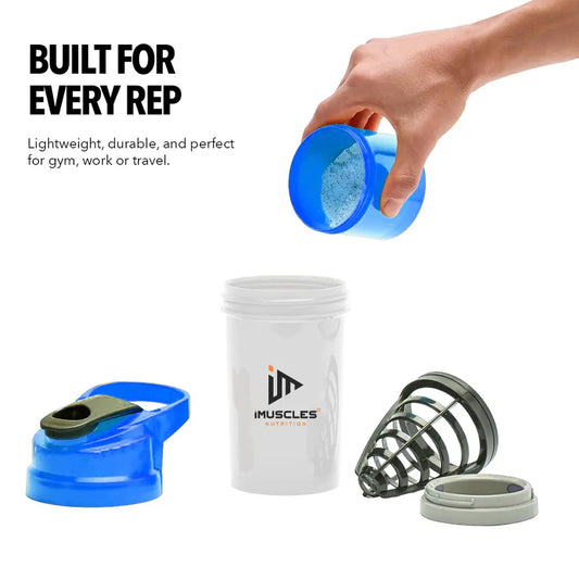 An infographic labeled "FEATURES" detailing the components of an iMuscles Nutrition shaker bottle, referenced as BLUE 3.png. The graphic shows an exploded view including a leak-proof lid and cap, a tornado blender insert, a 600 ml jar, and a compartment for storage. Circular icons on the right highlight that the product is BPA-free, easy to clean, recyclable, leakproof, and freezer safe.