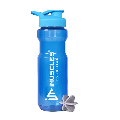 A promotional graphic for the iMuscles Nutrition water bottle, referenced as blue The image features a sleek, dark gray translucent bottle with a black lid on the left. To the right of the bottle, five circular icons highlight its features: BPA Free, Recyclable Product, Easy to Clean, Leakproof, and Freezer Safe. The right side of the banner contains bold text that reads "DESIGNED FOR EVERYDAY USE."