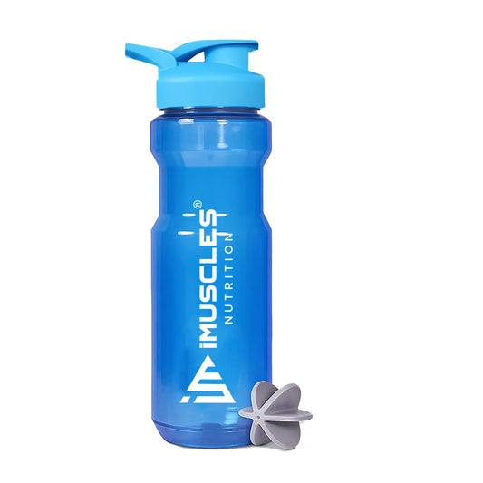 A promotional graphic for the iMuscles Nutrition water bottle, referenced as blue The image features a sleek, dark gray translucent bottle with a black lid on the left. To the right of the bottle, five circular icons highlight its features: BPA Free, Recyclable Product, Easy to Clean, Leakproof, and Freezer Safe. The right side of the banner contains bold text that reads "DESIGNED FOR EVERYDAY USE."