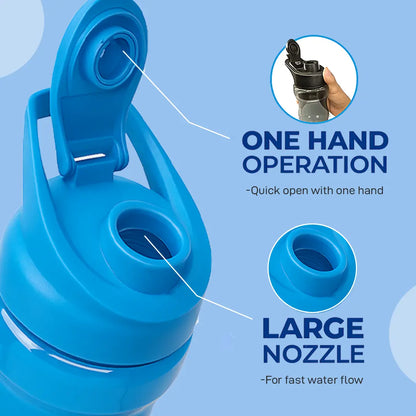 A promotional graphic for the iMuscles Nutrition water bottle, referenced as blue The image features a sleek, dark gray translucent bottle with a black lid on the left. To the right of the bottle, five circular icons highlight its features: BPA Free, Recyclable Product, Easy to Clean, Leakproof, and Freezer Safe. The right side of the banner contains bold text that reads "DESIGNED FOR EVERYDAY USE."