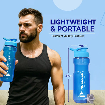 A promotional graphic for the iMuscles Nutrition water bottle, referenced as blue The image features a sleek, dark gray translucent bottle with a black lid on the left. To the right of the bottle, five circular icons highlight its features: BPA Free, Recyclable Product, Easy to Clean, Leakproof, and Freezer Safe. The right side of the banner contains bold text that reads "DESIGNED FOR EVERYDAY USE."