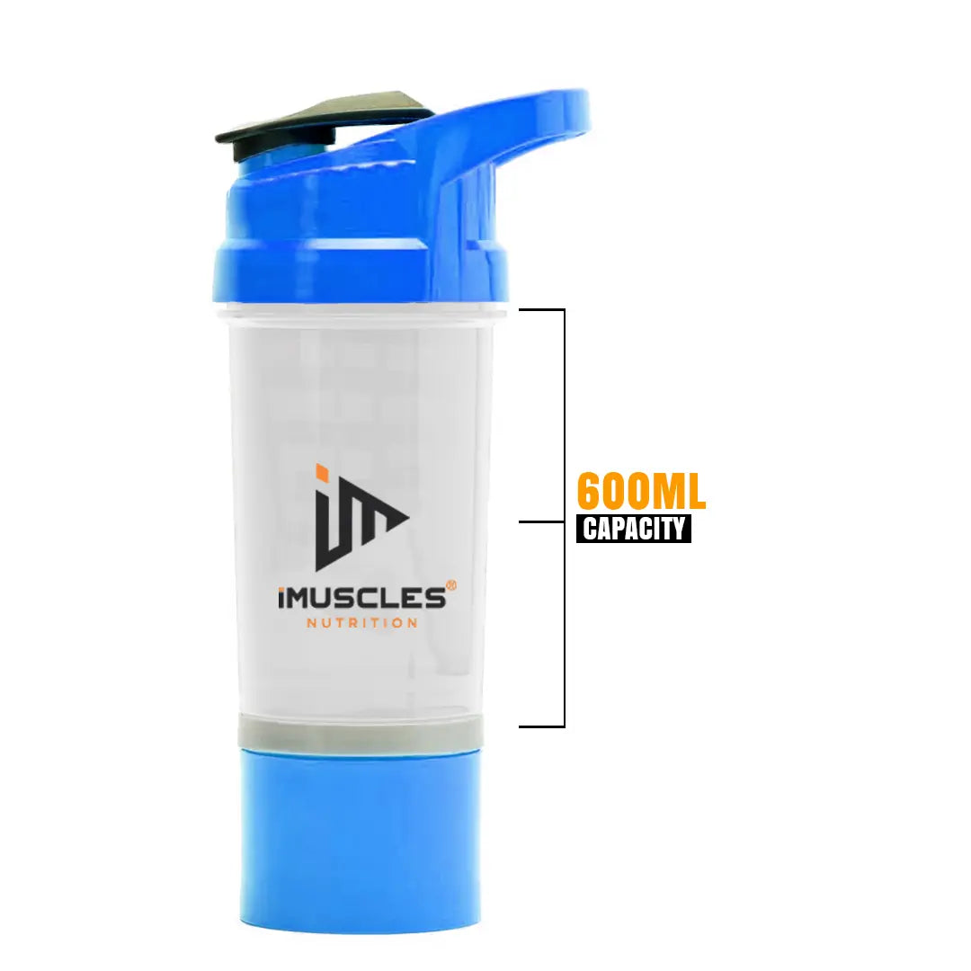 An infographic labeled "FEATURES" detailing the components of an iMuscles Nutrition shaker bottle, referenced as BLUE 3.png. The graphic shows an exploded view including a leak-proof lid and cap, a tornado blender insert, a 600 ml jar, and a compartment for storage. Circular icons on the right highlight that the product is BPA-free, easy to clean, recyclable, leakproof, and freezer safe.