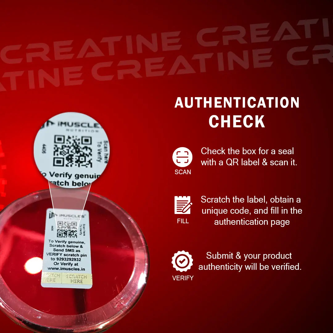 iMuscles Nutrition banner for High Potency 100% Pure Creatine Monohydrate. A hand holds a 249g white and red jar against a dark red background. Text highlights 83 servings, 4g per serving, and its formula for better muscle performance.