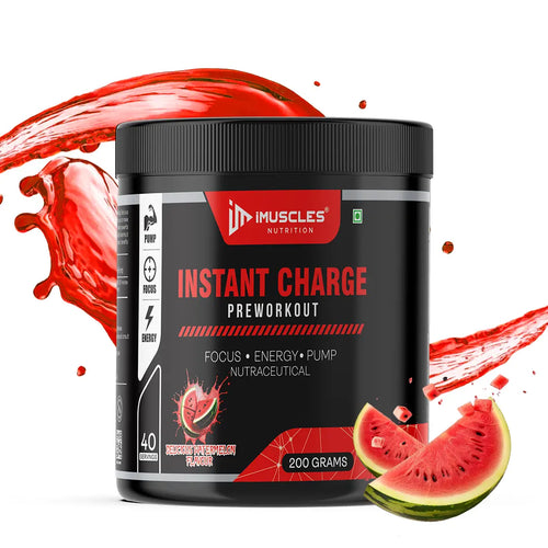 iMuscles Nutrition Instant Charge Preworkout jar in Delicious Watermelon flavor. The black 200g container features red branding and is surrounded by dynamic red liquid splashes and fresh watermelon slices with ice cubes on a white background.