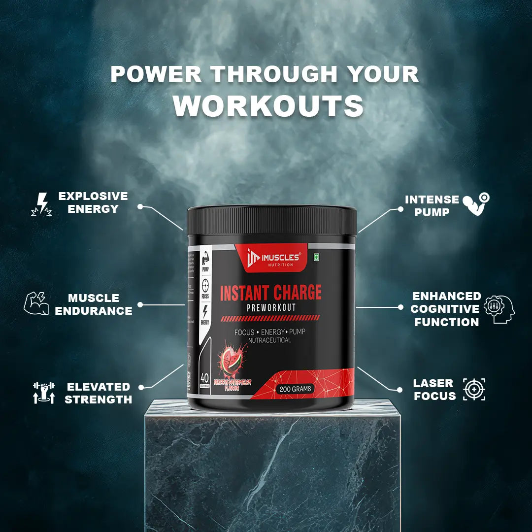 iMuscles Nutrition Instant Charge Preworkout jar in Delicious Watermelon flavor. The black 200g container features red branding and is surrounded by dynamic red liquid splashes and fresh watermelon slices with ice cubes on a white background.