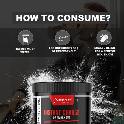 iMuscles Nutrition Instant Charge Preworkout jar in Delicious Watermelon flavor. The black 200g container features red branding and is surrounded by dynamic red liquid splashes and fresh watermelon slices with ice cubes on a white background.