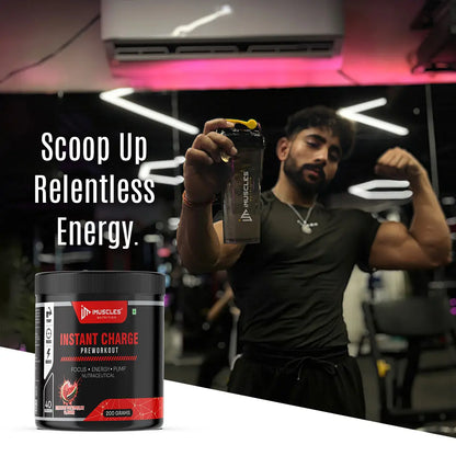 iMuscles Nutrition Instant Charge Preworkout jar in Delicious Watermelon flavor. The black 200g container features red branding and is surrounded by dynamic red liquid splashes and fresh watermelon slices with ice cubes on a white background.