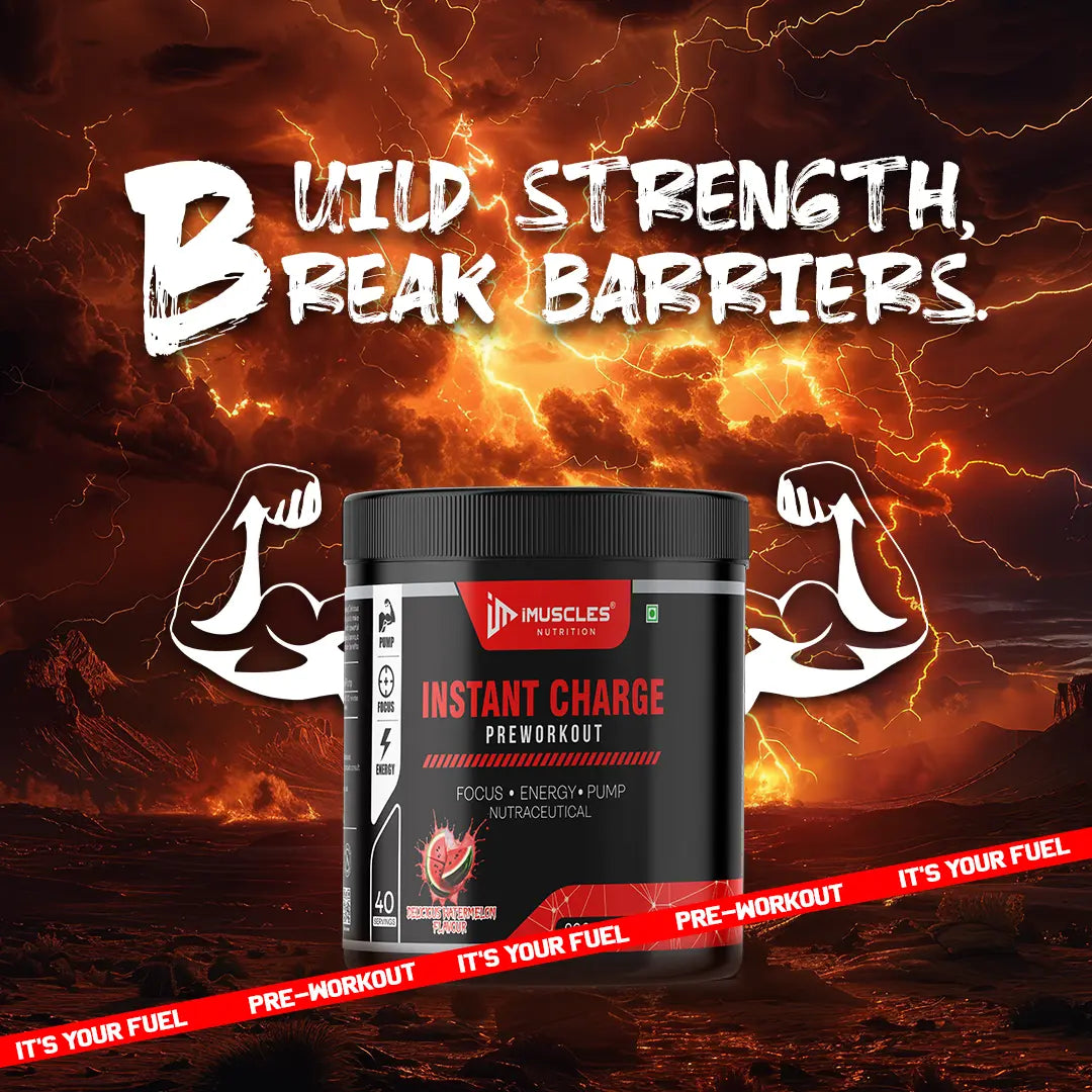iMuscles Nutrition Instant Charge Preworkout jar in Delicious Watermelon flavor. The black 200g container features red branding and is surrounded by dynamic red liquid splashes and fresh watermelon slices with ice cubes on a white background.