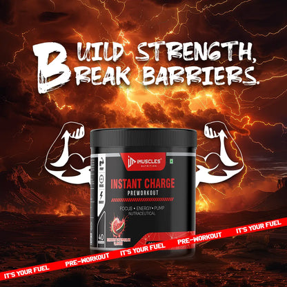 iMuscles Nutrition Instant Charge Preworkout jar in Delicious Watermelon flavor. The black 200g container features red branding and is surrounded by dynamic red liquid splashes and fresh watermelon slices with ice cubes on a white background.