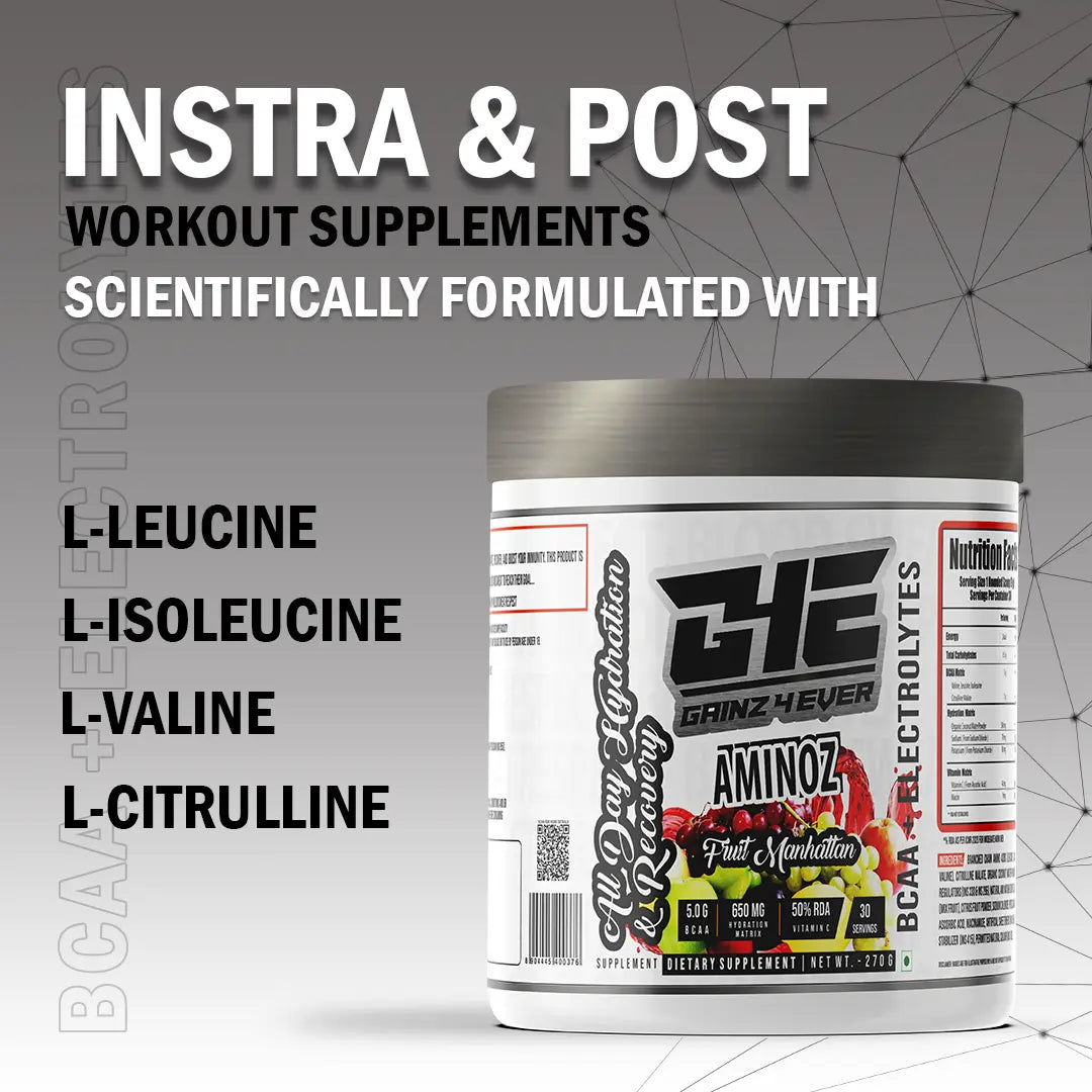 Promotional image for GAINZ 4 EVER AMINOZ Fruit Manhattan flavor. The white 270g supplement jar is positioned in the center, surrounded by vibrant splashes of red and orange liquid, fresh raspberries, blueberries, grapefruit slices, and grapes. The label highlights "BCAA + ELECTROLYTES" and "All Day Hydration & Recovery" with 30 servings per container.
