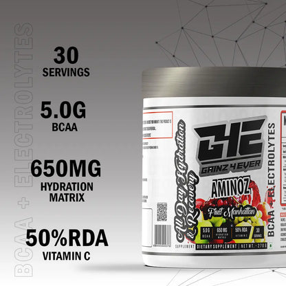 Promotional image for GAINZ 4 EVER AMINOZ Fruit Manhattan flavor. The white 270g supplement jar is positioned in the center, surrounded by vibrant splashes of red and orange liquid, fresh raspberries, blueberries, grapefruit slices, and grapes. The label highlights "BCAA + ELECTROLYTES" and "All Day Hydration & Recovery" with 30 servings per container.