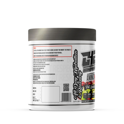 Promotional image for GAINZ 4 EVER AMINOZ Fruit Manhattan flavor. The white 270g supplement jar is positioned in the center, surrounded by vibrant splashes of red and orange liquid, fresh raspberries, blueberries, grapefruit slices, and grapes. The label highlights "BCAA + ELECTROLYTES" and "All Day Hydration & Recovery" with 30 servings per container.