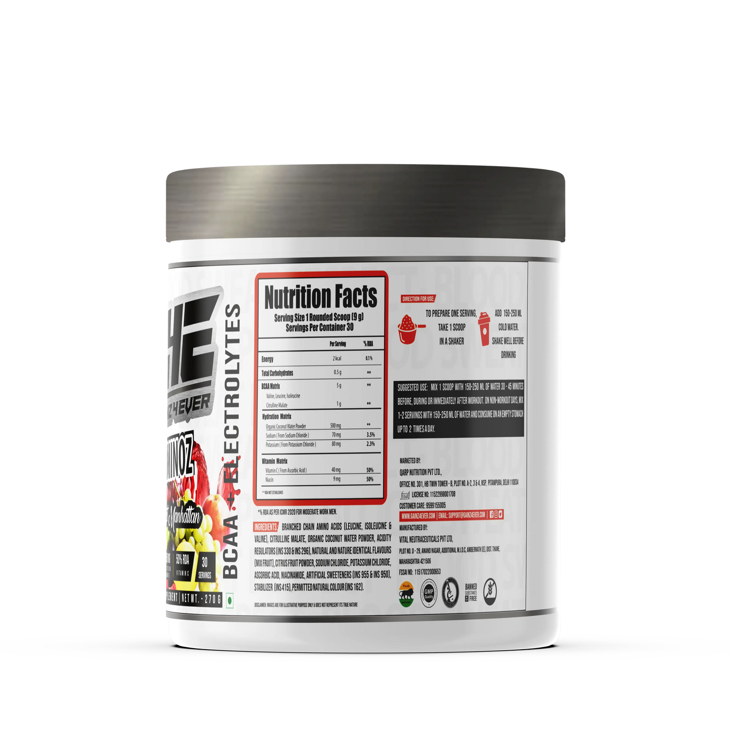 Promotional image for GAINZ 4 EVER AMINOZ Fruit Manhattan flavor. The white 270g supplement jar is positioned in the center, surrounded by vibrant splashes of red and orange liquid, fresh raspberries, blueberries, grapefruit slices, and grapes. The label highlights "BCAA + ELECTROLYTES" and "All Day Hydration & Recovery" with 30 servings per container.