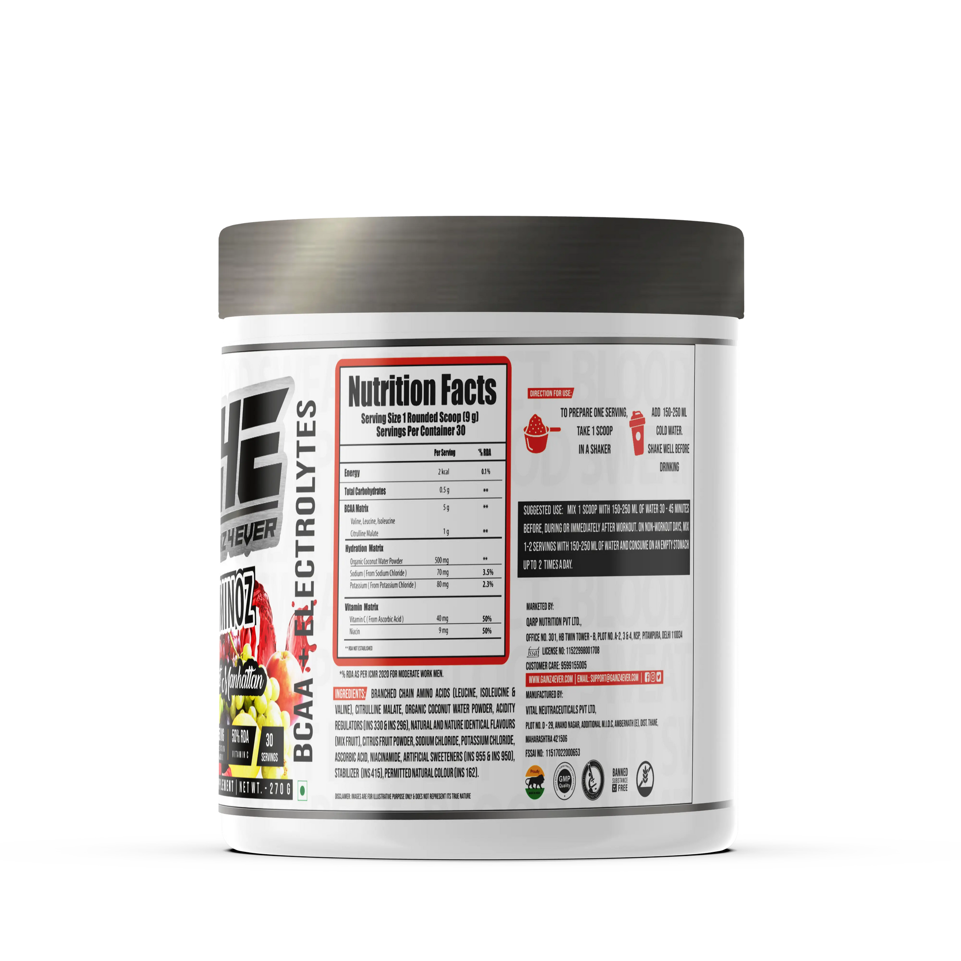Promotional image for GAINZ 4 EVER AMINOZ Fruit Manhattan flavor. The white 270g supplement jar is positioned in the center, surrounded by vibrant splashes of red and orange liquid, fresh raspberries, blueberries, grapefruit slices, and grapes. The label highlights "BCAA + ELECTROLYTES" and "All Day Hydration & Recovery" with 30 servings per container.