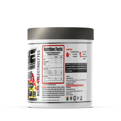 Promotional image for GAINZ 4 EVER AMINOZ Fruit Manhattan flavor. The white 270g supplement jar is positioned in the center, surrounded by vibrant splashes of red and orange liquid, fresh raspberries, blueberries, grapefruit slices, and grapes. The label highlights "BCAA + ELECTROLYTES" and "All Day Hydration & Recovery" with 30 servings per container.