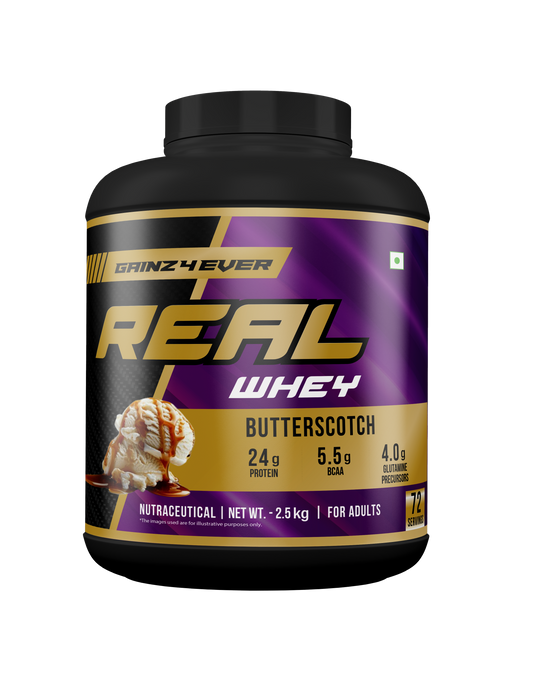 Gainz4Ever Real Whey 2.5kg in Butterscotch flavor with 24g protein per serving to buy whey protein online India.