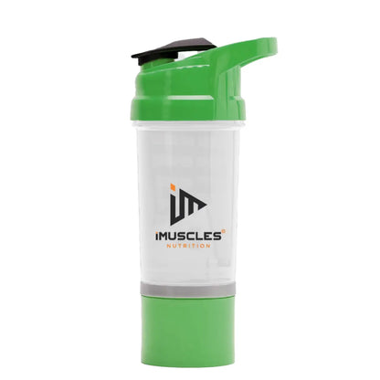 An infographic titled "FEATURES" for the iMuscles Nutrition spider shaker, referenced as yellow 3.png. It shows an exploded view of the product's components: a leak-proof lid and cap, a tornado blender insert, a 600 ml jar, and a compartment for storage. Icons on the right side highlight that the shaker is BPA-free, easy to clean, a recyclable product, leakproof, and freezer safe.