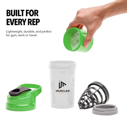 An infographic titled "FEATURES" for the iMuscles Nutrition spider shaker, referenced as yellow 3.png. It shows an exploded view of the product's components: a leak-proof lid and cap, a tornado blender insert, a 600 ml jar, and a compartment for storage. Icons on the right side highlight that the shaker is BPA-free, easy to clean, a recyclable product, leakproof, and freezer safe.