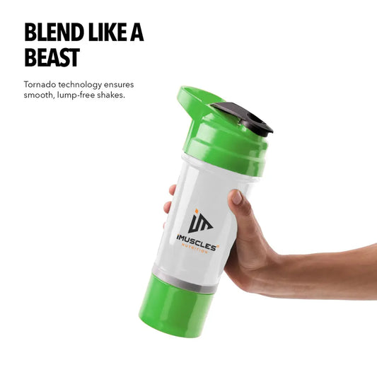 An infographic titled "FEATURES" for the iMuscles Nutrition spider shaker, referenced as yellow 3.png. It shows an exploded view of the product's components: a leak-proof lid and cap, a tornado blender insert, a 600 ml jar, and a compartment for storage. Icons on the right side highlight that the shaker is BPA-free, easy to clean, a recyclable product, leakproof, and freezer safe.