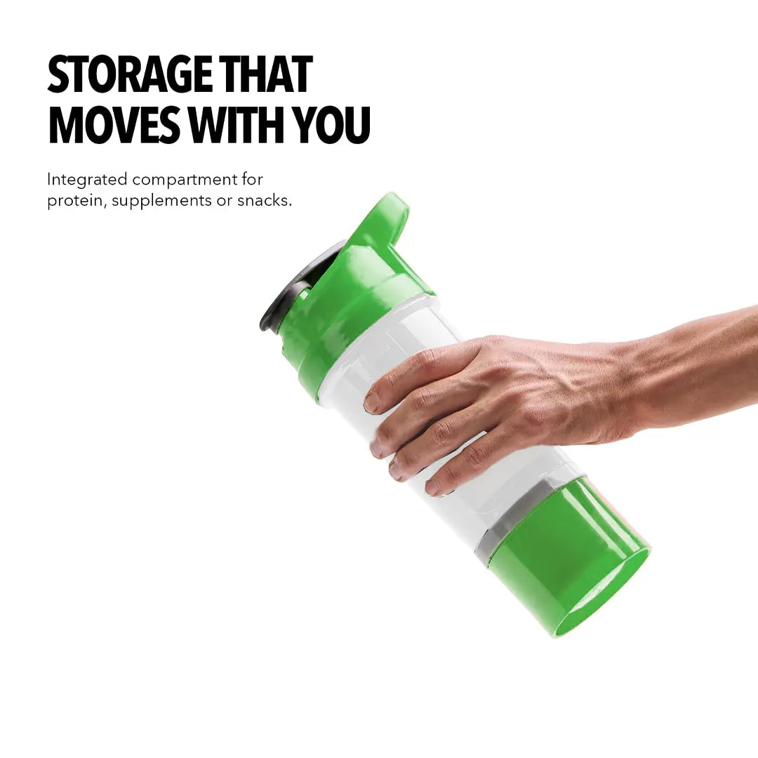 An infographic titled "FEATURES" for the iMuscles Nutrition spider shaker, referenced as yellow 3.png. It shows an exploded view of the product's components: a leak-proof lid and cap, a tornado blender insert, a 600 ml jar, and a compartment for storage. Icons on the right side highlight that the shaker is BPA-free, easy to clean, a recyclable product, leakproof, and freezer safe.