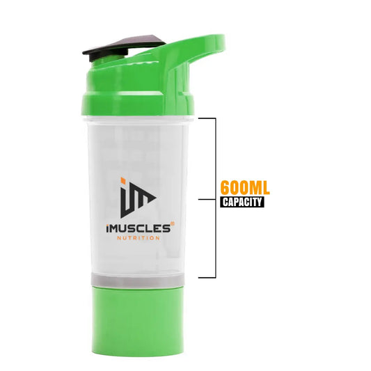 An infographic titled "FEATURES" for the iMuscles Nutrition spider shaker, referenced as yellow 3.png. It shows an exploded view of the product's components: a leak-proof lid and cap, a tornado blender insert, a 600 ml jar, and a compartment for storage. Icons on the right side highlight that the shaker is BPA-free, easy to clean, a recyclable product, leakproof, and freezer safe.
