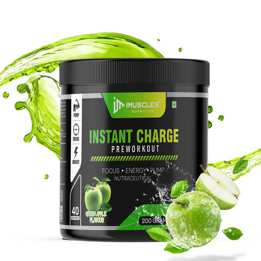 iMuscles Nutrition Instant Charge Pre-Workout supplement jar in green apple flavour with fresh apple slices and splash effect, designed to boost energy, focus, and muscle pump performance.