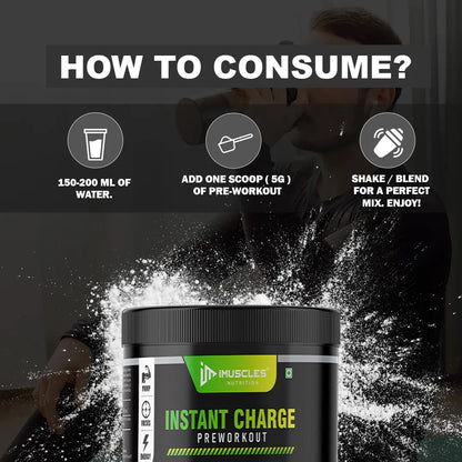 iMuscles Nutrition Instant Charge Pre-Workout supplement jar in green apple flavour with fresh apple slices and splash effect, designed to boost energy, focus, and muscle pump performance.