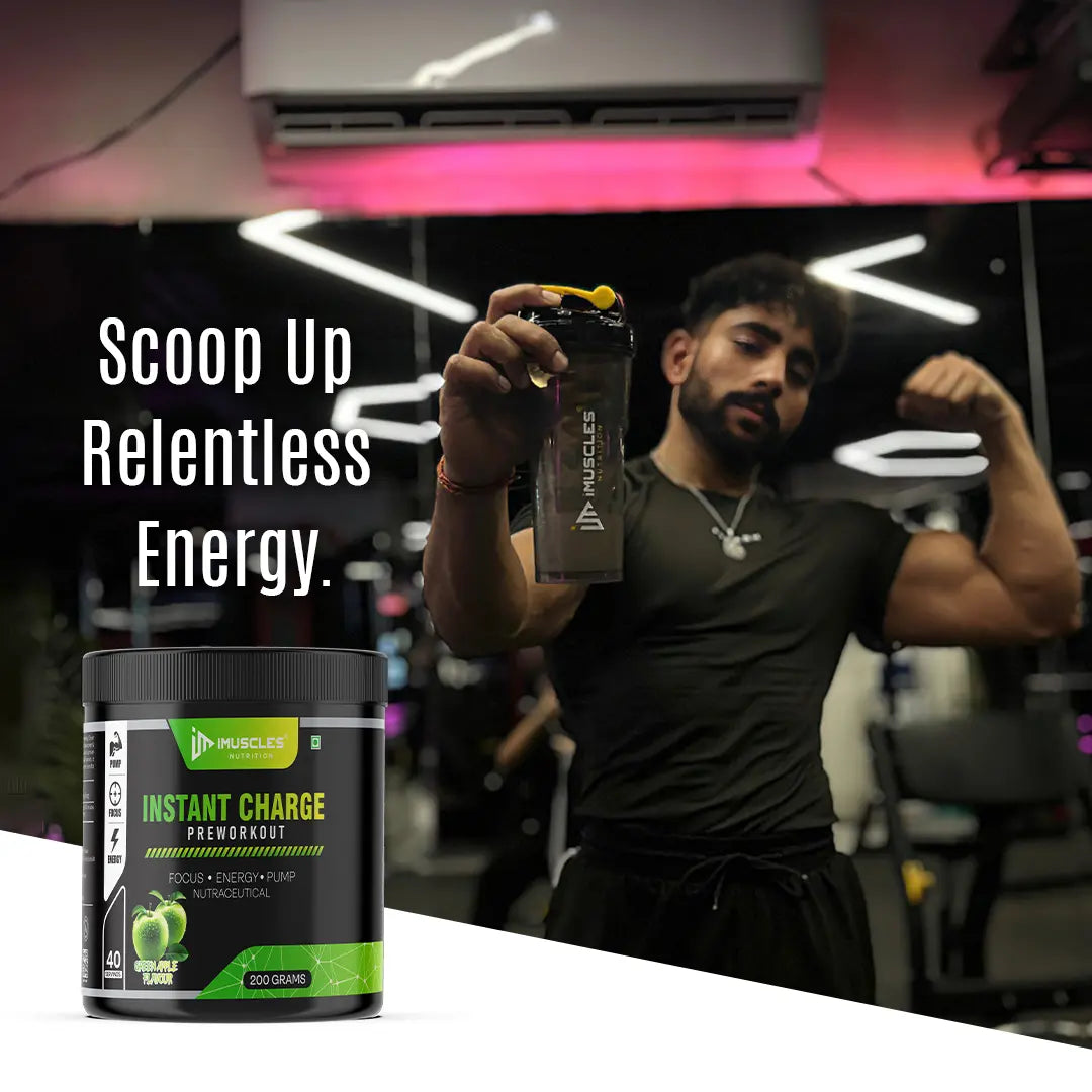 iMuscles Nutrition Instant Charge Pre-Workout supplement jar in green apple flavour with fresh apple slices and splash effect, designed to boost energy, focus, and muscle pump performance.