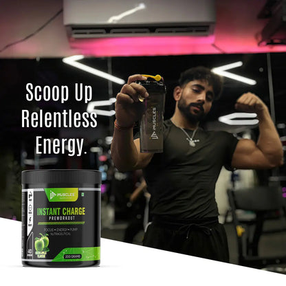 iMuscles Nutrition Instant Charge Pre-Workout supplement jar in green apple flavour with fresh apple slices and splash effect, designed to boost energy, focus, and muscle pump performance.